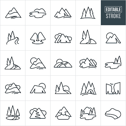 A set of mountains, trees and waterways icons that include editable strokes or outlines using the EPS vector file. The icons include mountains, landforms, trees, waterways, river, lakes, cliffs, hiking trails, coastline, pine trees, hills and other landforms found in nature.