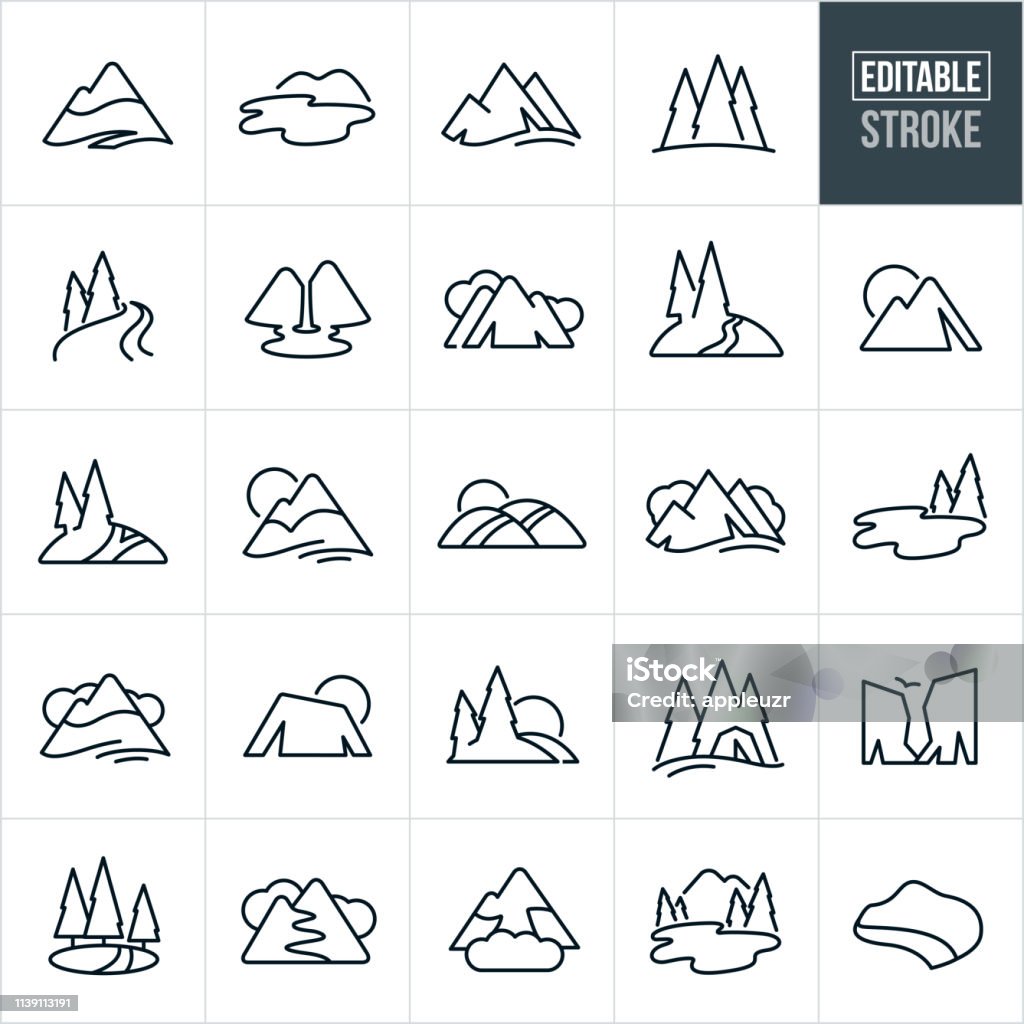 Mountains and Trees Thin Line Icons - Editable Stroke A set of mountains, trees and waterways icons that include editable strokes or outlines using the EPS vector file. The icons include mountains, landforms, trees, waterways, river, lakes, cliffs, hiking trails, coastline, pine trees, hills and other landforms found in nature. Icon Symbol stock vector