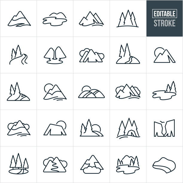 Mountains and Trees Thin Line Icons - Editable Stroke A set of mountains, trees and waterways icons that include editable strokes or outlines using the EPS vector file. The icons include mountains, landforms, trees, waterways, river, lakes, cliffs, hiking trails, coastline, pine trees, hills and other landforms found in nature. valley stock illustrations