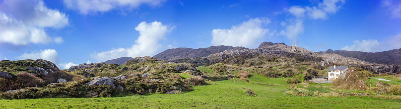 Panoramic landscape with an ancient copper mine in Allihies in spring. Ireland.