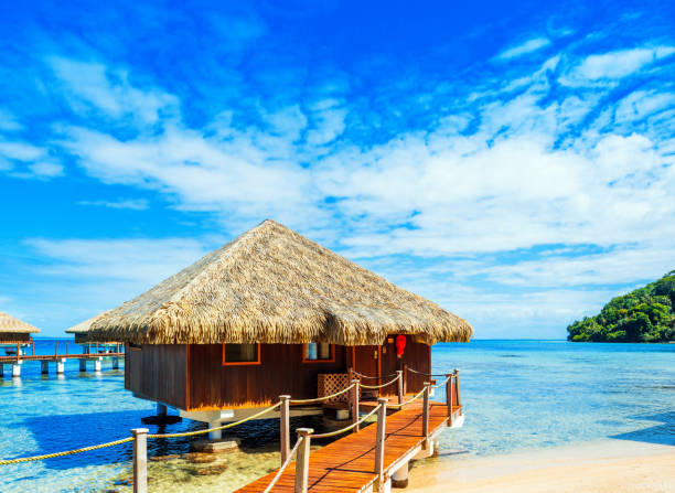 View of the bungalow in the lagoon Huahine, French Polynesia. Copy space for text stock photo