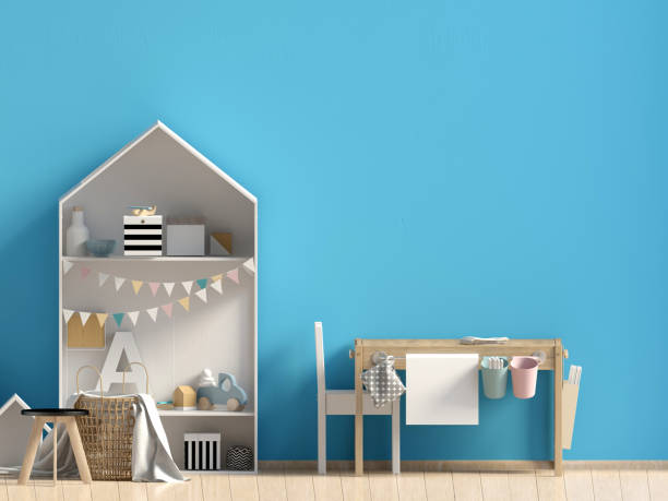 istock Pastel child's room. playroom. modern style. 3d illustration. Wall mock up 1139117085