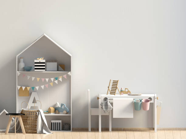istock Pastel child's room. playroom. modern style. 3d illustration. Wall mock up 1139117128