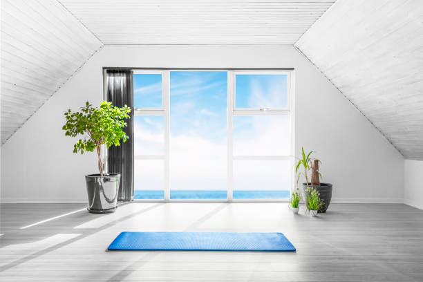 escena de yoga interior con una alfombra azul en una habitación luminosa - centro de yoga fotografías e imágenes de stock