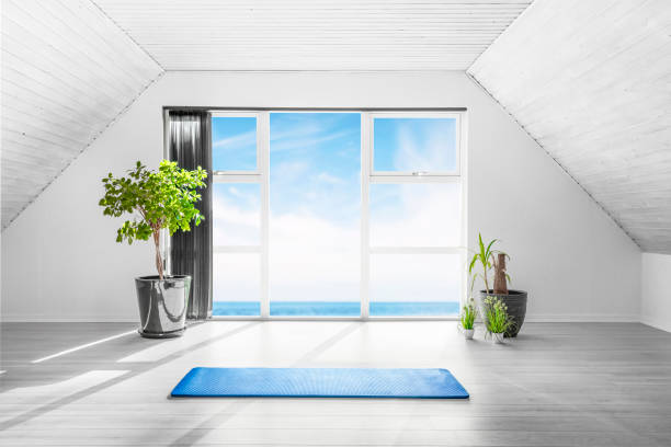 Indoor yoga scene with a blue mat in a bright room Indoor yoga scene with a blue mat in a bright room with an ocean view and a couple of green plants yoga studio photos stock pictures, royalty-free photos & images