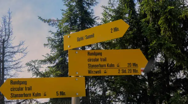 Road sign at the top of Stanserhorn Mountain in Lucerne, Switzerland