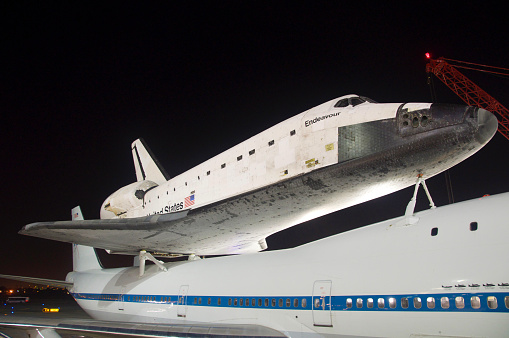 September 22,2012/Los Angeles, California:Space shuttle endeavor mounted on a Boeing 747 aircraft being transported to the California Science Center from Los Angeles International Airport.