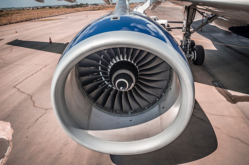Campinas, SP, Brazil - December 15, 2018: Rolls-Royce Trent 700 engine that equips the Airbus A330 (engine number 1, located to the left side of the aircraft - the correct one is \