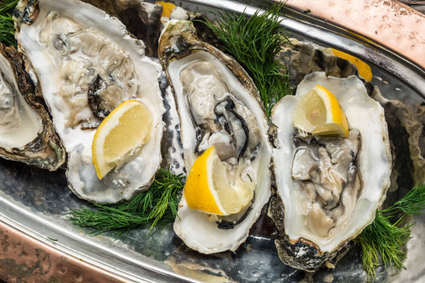 istock Opened oysters with piece of lemon. 1139131763