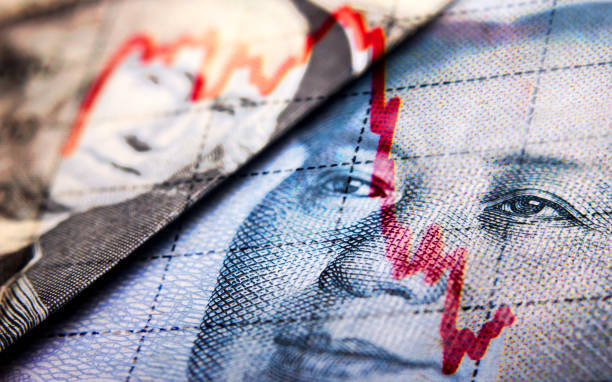 Dollar and Yuan Chinese banknote Close-up of a Dollar banknote and Yuan Chinese banknote and downward market trend line central bank photos stock pictures, royalty-free photos & images