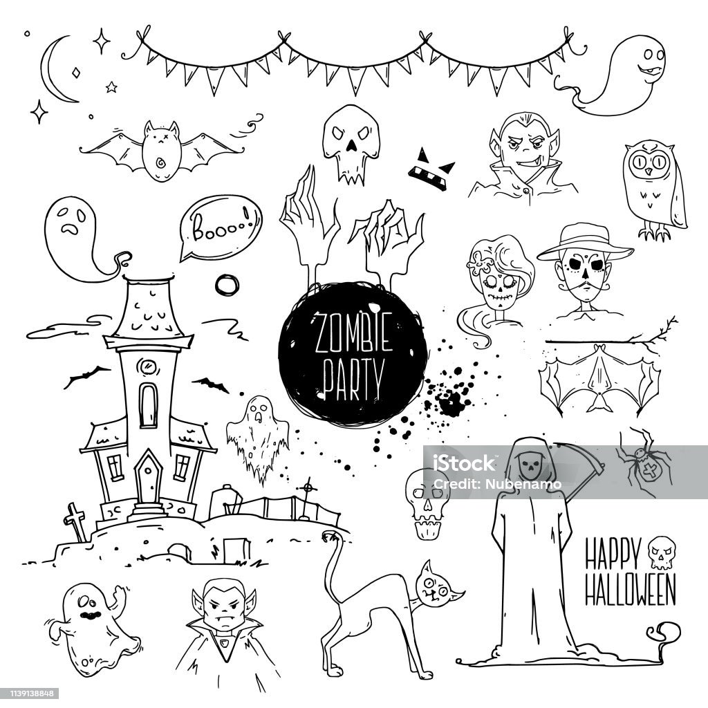 Halloween Symbols Linear Illustrations, Lettering Clipart Collection. Hand Drawn Elements For Festive Flyer, Poster, Banner, Invitation Design Templates. Isolated On White Background. Halloween party doodles. Hand drawn illustrations made with ink. Design elements for invitation cards, banners, party flyer template, scytheman, ghosts, bat, zombie hands. Isolated vector on white background. Costume stock vector