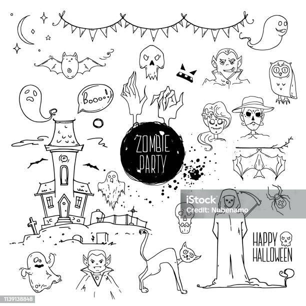 Halloween Symbols Linear Illustrations Lettering Clipart Collection Hand Drawn Elements For Festive Flyer Poster Banner Invitation Design Templates Isolated On White Background Stock Illustration - Download Image Now