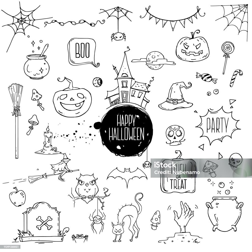 Halloween Symbols Linear Illustrations, Lettering Clipart Collection. Hand Drawn Elements For Festive Flyer, Poster, Banner, Invitation Design Templates. Isolated On White Background. Halloween doodle style illustrations. Hand drawn traditional symbols, carved pumpkin, spider webs, witch with hat on a broom, bat, zombie hand, skull, candle, magic potion pot. Isolated design elements on white background. Bat - Animal stock vector