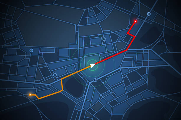 illustrazioni stock, clip art, cartoni animati e icone di tendenza di schermata della mappa di spostamento - global positioning system map road map direction