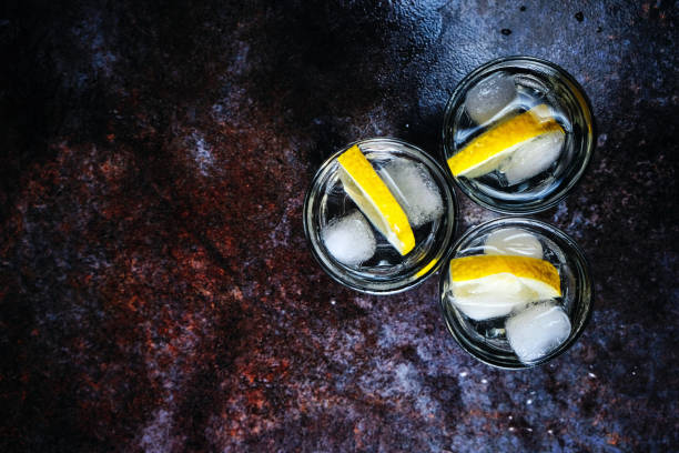 istock Vodka. Shots, glasses with vodka with ice .Dark stone background. Copy space. 1139143919