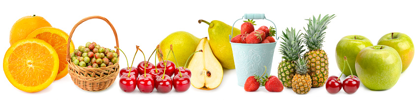 Collection fruits isolated on white background. Panoramic collage. Wide photo with free space for text.