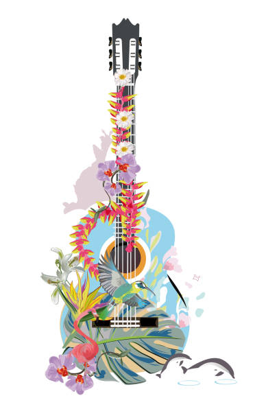 illustrazioni stock, clip art, cartoni animati e icone di tendenza di chitarra astratta decorata con fiori estivi e primaverili, foglie di palma, note, fenicotteri. - musica tropicale