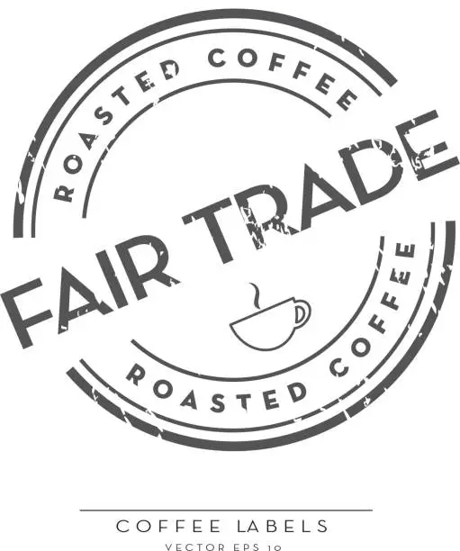 Vector illustration of Fair Trade Coffee round labels on coffee bean on white background