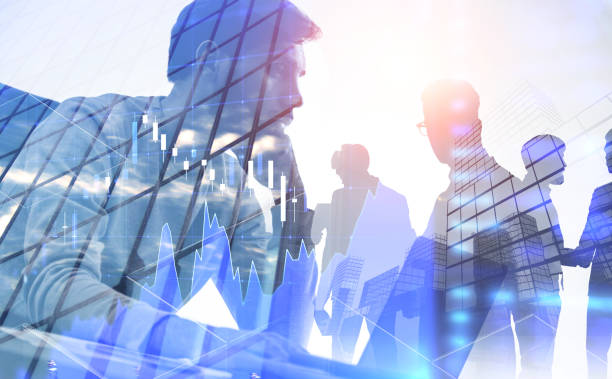istock Man with laptop in city, graph 1139151401