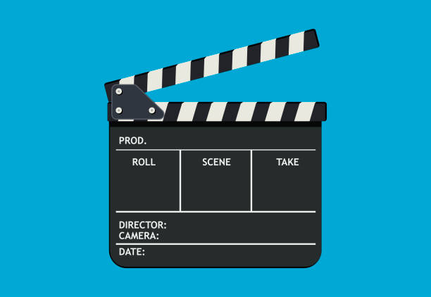 Black film clapper board slate. Flat style vector illustration isolated on blue background. vector art illustration