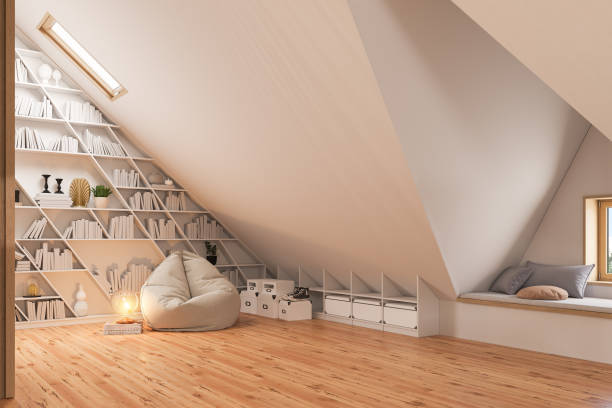 3d render interior design of the attic floor of a private cottage stock photo