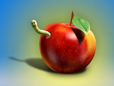 Happy worm eating a juicy red apple. Digital illustration.