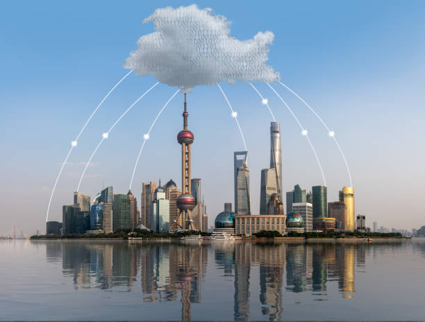 cloud computing concept using shanghai skyline - river orwell imagens e fotografias de stock