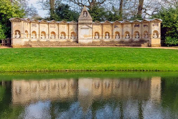 Bridge, ducks, and temple around the lake at Stourhead Gardens, UK