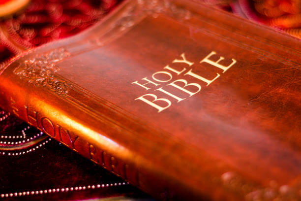 Hardcover Holy Bible in English language on black background, closeup. Space for text