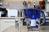 Glass of clean water and filter for cleaning drinking water on the table in the kitchen. Purification of drinking water at home