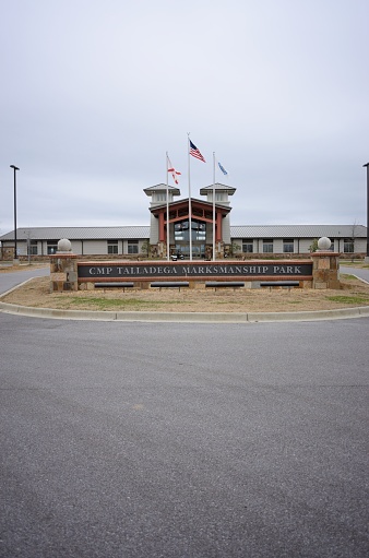 Talladega, Alabama, USA - February 10, 2019: Sign in front of the CMP Talladega Marksmanship Park, located on Turner Mill road in Talladega, Alabama.