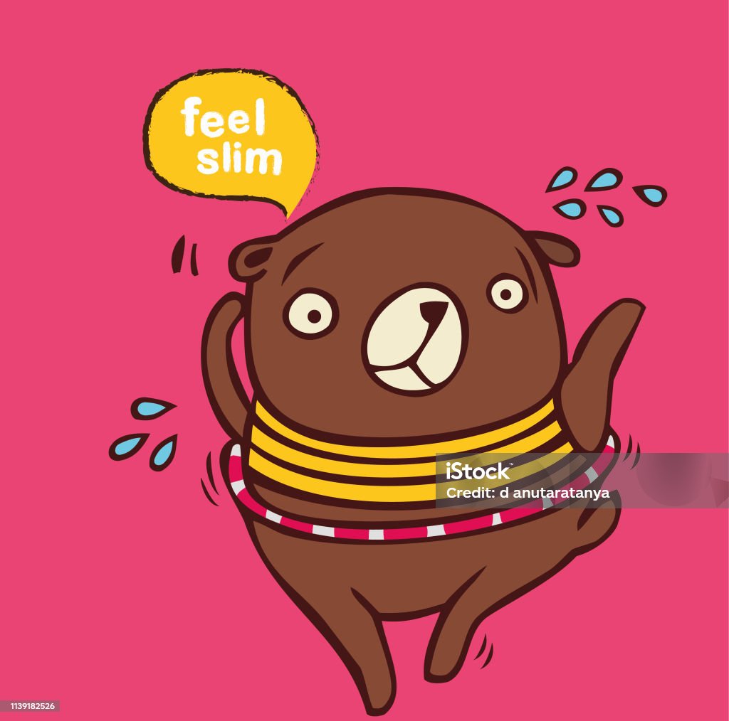 brown bear and hula hoop, excercise, vector illustration , charecter cartoon light exercise, heavy eating, fat brown bear, slim Animal stock vector