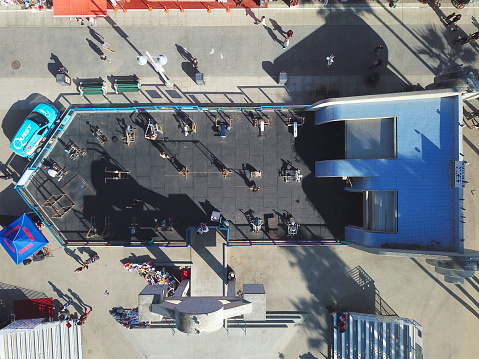 Aerial view Muscle Beach, Venice Beach, California, Los Angeles, United States. Muscle Beach in Venice is a unique outdoor weight room and sports facility. It is also quite a spectacle. Bodybuilders work out in front of the onlookers.