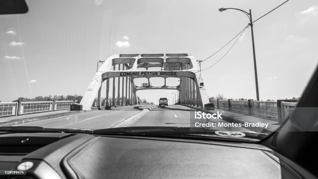 Edmund Pettus Bridge - Selma, Alabama Perspectives of the historical bridge crossed by leaders of the Civil Rights Movement in March of 1965. Human Rights Stock Photo