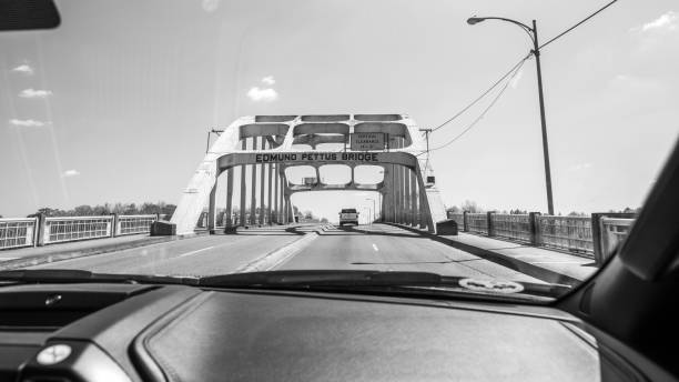 Edmund Pettus Bridge - Selma, Alabama Perspectives of the historical bridge crossed by leaders of the Civil Rights Movement in March of 1965. black civil rights stock pictures, royalty-free photos & images