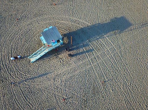 Aerial view of Lifeguard tower on the beach, Venice Beach, Los Angeles, California, USA