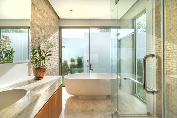 Luxury beautiful interior real bathroom stock photo