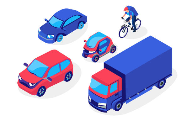 ilustrações de stock, clip art, desenhos animados e ícones de set of urban vehicle. cars, truck and cyclists. modern ciry transport. isometric 3d illustration - road transportation environmental conservation hybrid vehicle