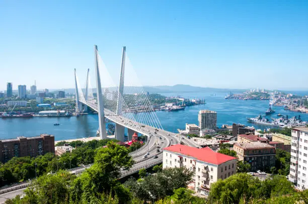 Russia, Vladivostok, July 2018: View of Golden Bridge over Golden Horn Bay of Vladivostok