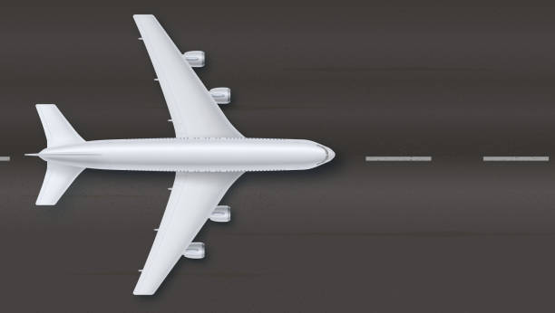 Silver airplane on the background of asphalt, top view. The plane on the runway, vector illustration. Detailed concept of aircraft. Plane for travel. Jet commercial airplane. Silver airplane on the background of asphalt, top view. The plane on the runway, vector illustration. Detailed concept of aircraft. Plane for travel. Jet commercial airplane runway condition stock illustrations