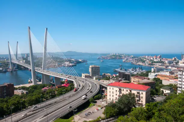 Russia, Vladivostok, July 2018: View of Golden Bridge over Golden Horn Bay of Vladivostok