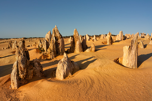 The Pinnacles of Nambung National Park are amazing natural limestone structures, some standing as high as five metres. Pinnacles were formed approximately 25,000 to 30,000 years ago, after the sea receded and left deposits of sea shells. Western Australia.