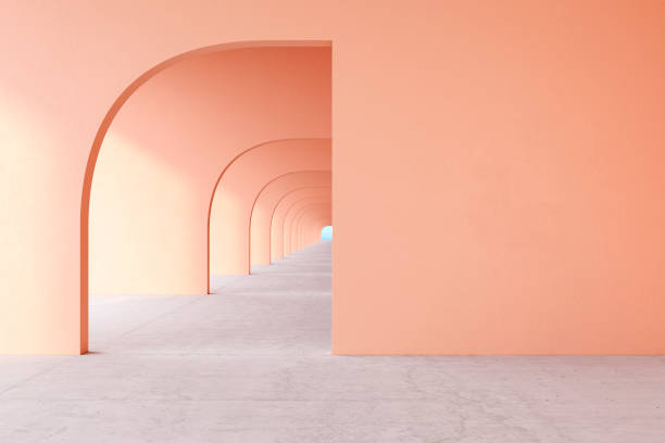 персиковый архитектурный коридор с пустой стеной, бетонным полом, линией горизонта. 3d визуализация иллюстрации макет - arch corridor column stone стоковые фото и изображения