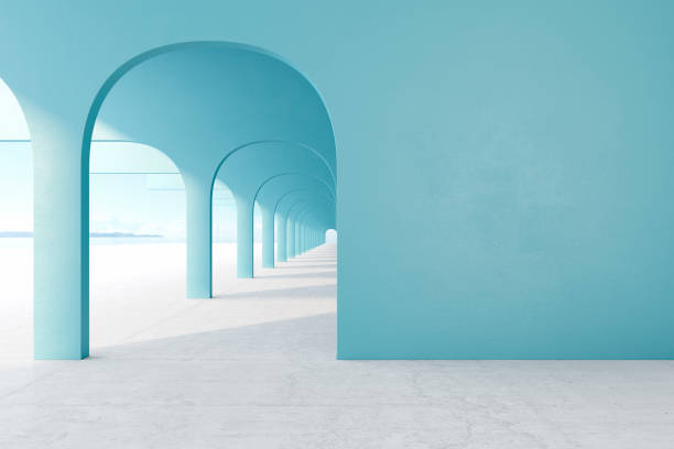 синий архитектурный коридор с пустой стеной, бетонным полом, линией горизонта. 3d визуализация иллюстрации макет - arch corridor column stone стоковые фото и изображения