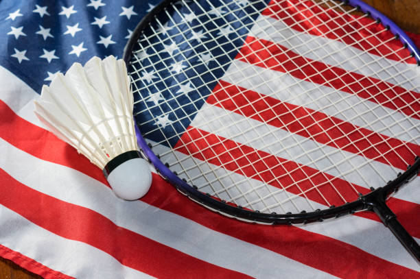 istock Badminton racket and shuttlecocks on USA flag. 1139221820