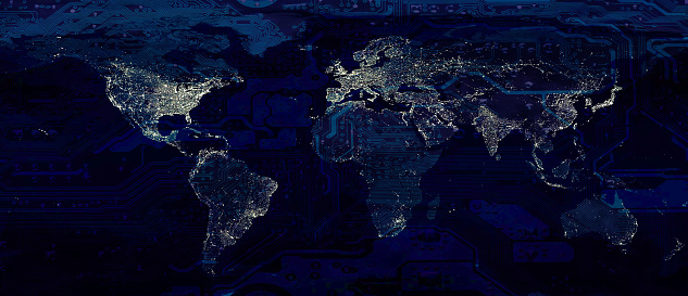 World map city lights and dark motherboard hi technology conceptual collage. Elements of this image furnished by NASA.\n\n/url: https://images.nasa.gov/details-PIA02991.html /