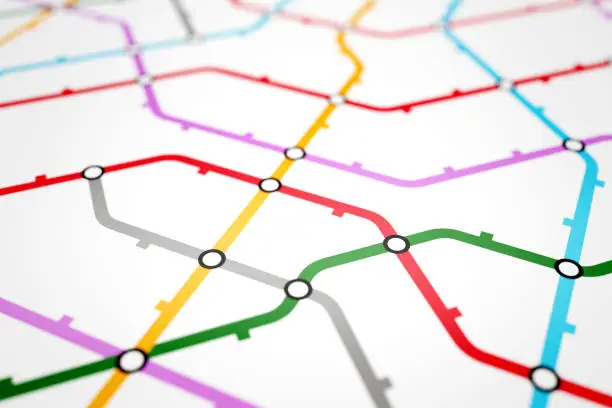 Colorful metro scheme, railway transport or city bus map on white background surface. Abstract 3D illustration
