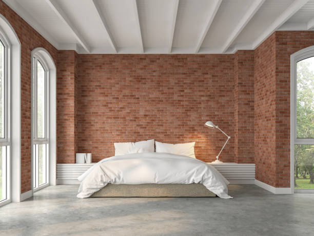 istock Modern loft bedroom with red brick wall 3d render 1139224442