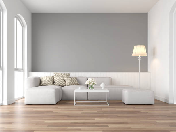 istock Minimal style vintage living room with empty gray wall 3d render 1139224443
