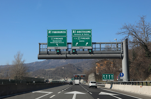 highway sign with the signs of the junction to go to Florence on the panoramic road or on the Direttissima road which means very fast in italian language